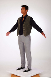 Whole Body Man Black Casual Shirt Trousers Vest Athletic Standing Studio photo references